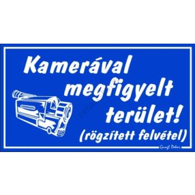   Kamerával megfigyelt terület! (rögzített felvétel) tábla, 12,5 x 22,5 cm, Kék