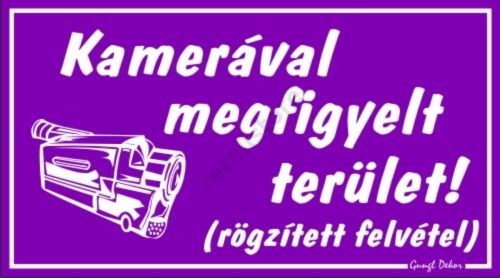 Kamerával megfigyelt terület! (rögzített felvétel) tábla, 12,5 x 22,5 cm, Lila