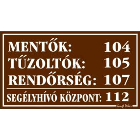   Mentők, tűzoltók, rendőrség műanyag tábla, 12,5 x 22,5 cm, Barna