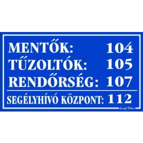   Mentők, tűzoltók, rendőrség műanyag tábla, 12,5 x 22,5 cm, Kék