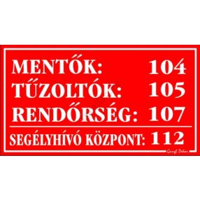   Mentők, tűzoltók, rendőrség műanyag tábla, 12,5 x 22,5 cm, Piros