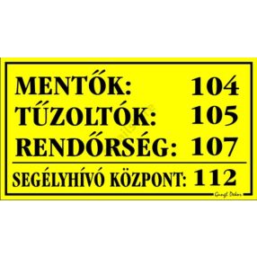   Mentők, tűzoltók, rendőrség műanyag tábla, 12,5 x 22,5 cm, Sárga