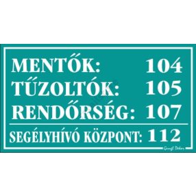   Mentők, tűzoltók, rendőrség műanyag tábla, 12,5 x 22,5 cm, Türkiz