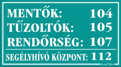 Mentők, tűzoltók, rendőrség műanyag tábla, 12,5 x 22,5 cm, Türkiz