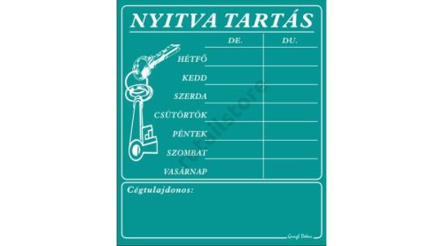 Nyitva tartás tábla cégtulajdonossal, Türkiz