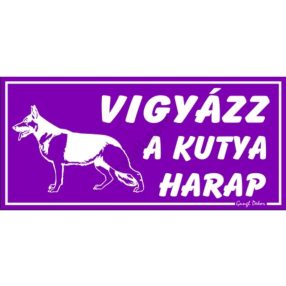   Vigyázz a kutya harap feliratú műanyag tábla, 12,5 x 22,5 cm, Lila