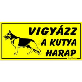   Vigyázz a kutya harap feliratú műanyag tábla, 12,5 x 22,5 cm, Sárga